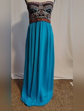Marineblu Embroidered Bodice Strapless Maxi Dress in Blue, Bohemian Size Large